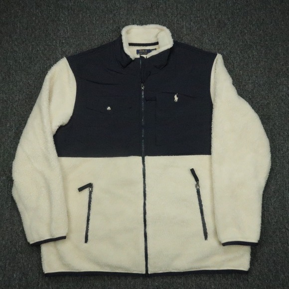 Polo Ralph Lauren Jacket Mens XXL Cream Blue Hybrid Fleece High Pile Full Zip